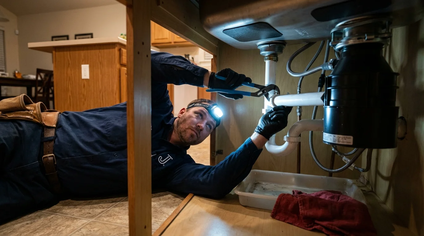 P-trap and supply line connections under a kitchen sink showing a common leak point in New Haven, CT